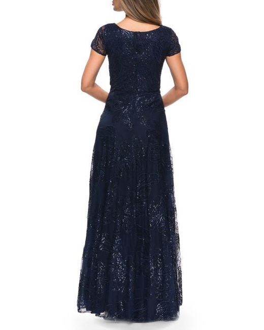 La Femme Blue Sequin Lace A-Line Gown With Sheer Short Sleeves