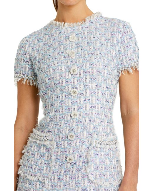 Mac Duggal Blue Crystal Floral Button Detail Tweed Minidress