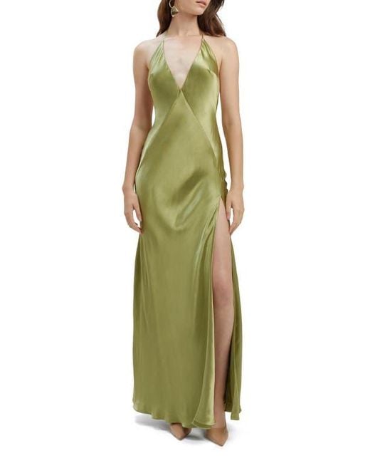 Bardot Yve Satin Halter Dress in Green | Lyst