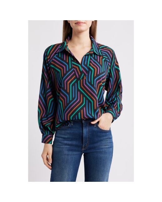 Apny Black Print Split Neck Top