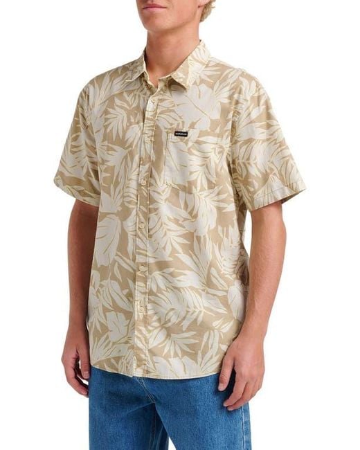 Quiksilver Natural Palm Trip Classic Leaf Print Short Sleeve Cotton Button-Up Shirt for men