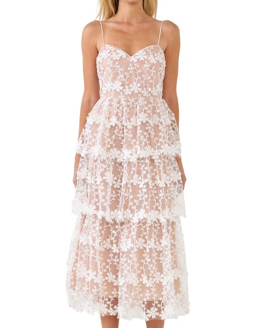 Endless Rose Natural Floral Embroidered Tiered Lace Midi Dress