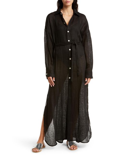 Vitamin A Playa Long Sleeve Linen Coverup Shirtdress in Black Lyst