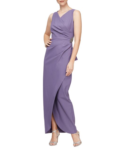 Alex Evenings Purple Embellished Side Drape Column Gown