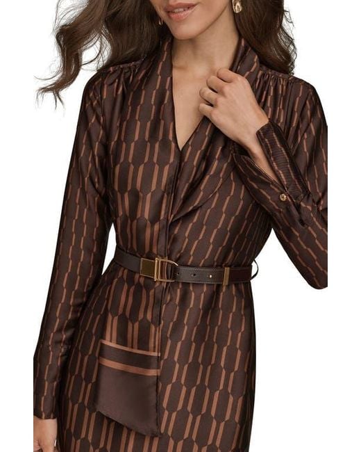 Donna Karan Brown Geo Print Long Sleeve Satin Dress