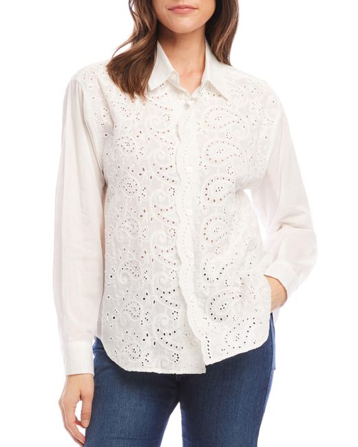 Karen Kane White Embroidered Eyelet Button-up Shirt