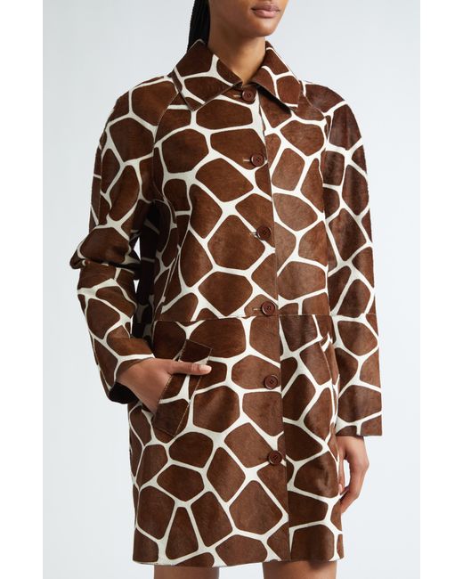 Michael Kors Brown Giraffe Print Genuine Calf Hair Balmacaan Coat