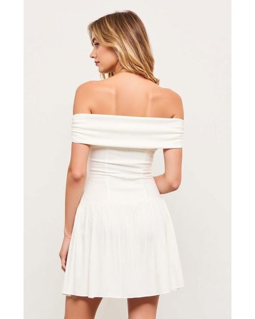 Modenaire White Off-Shoulder Ruched Bodice Mini Dress With Flowy Skirt