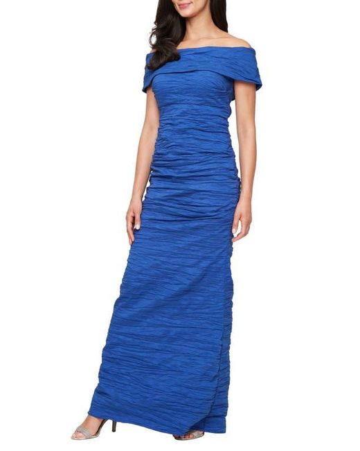 Alex Evenings Women's Blue Crinkle Off The Shoulder Stretch Taffeta Gown