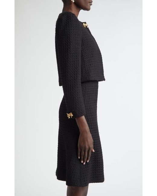 Oscar de la Renta Black Bow Detail Wool Tweed Crop Jacket