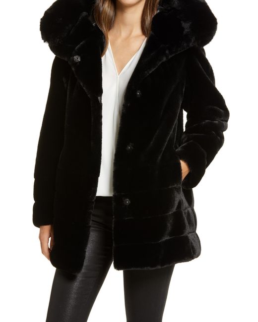 Gallery Black Hooded Faux Fur Coat