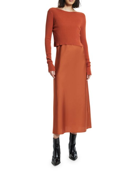 AllSaints Orange Hera Satin Slipdress With Rib Sweater