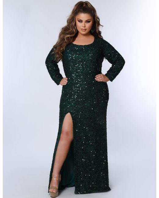 Sydney's Closet Black Long Sleeve Fitted Scoop Neck Sequin Plus Size Gown