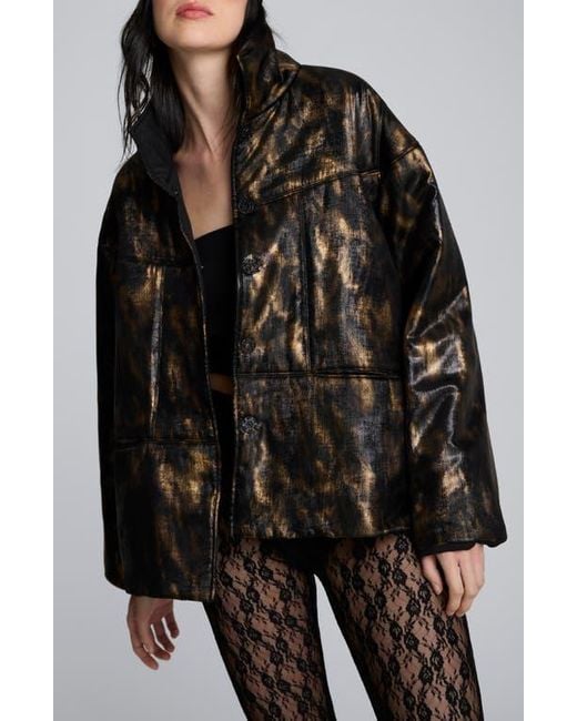 Kenneth Cole Black Animal Print Foiled Satin Seamed Puffer Jacket