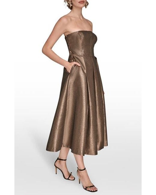 Donna Karan Brown Metallic Pleated Strapless Fit & Flare Cocktail Dress