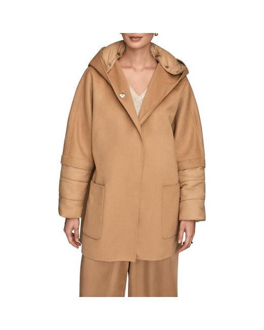 Donna Karan Natural Mixed Media Puffer Sleeve Wool Blend Coat