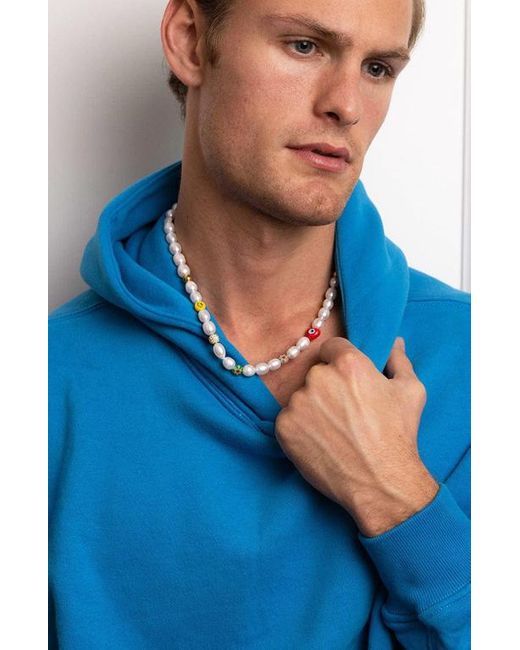 Nialaya White Smiley Face Pearl Necklace for men
