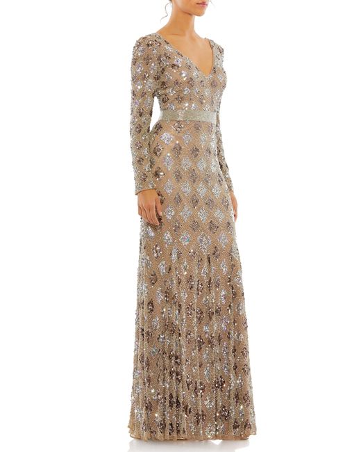 Mac Duggal Natural Long Sleeve Sequin Trumpet Gown