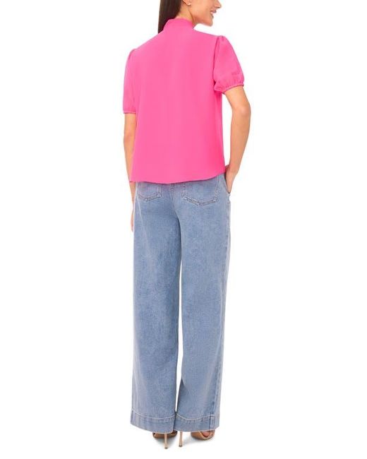 Cece Pink Puff Sleeve Tie Neck Top