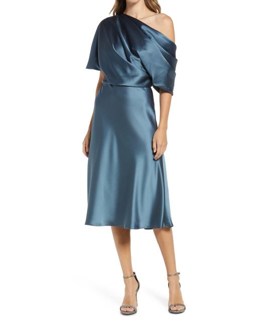 Amsale Drape Oneshoulder Midi Cocktail Dress in Blue Lyst