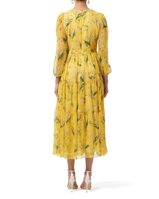 Carolina Herrera Yellow Lily Of The Valley Print Silk Georgette Midi Dress