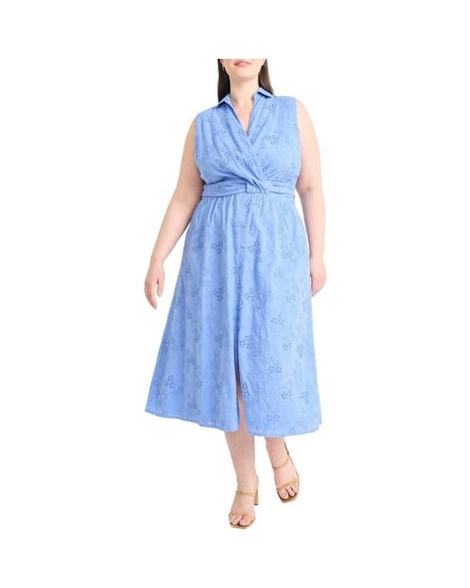 Maggy London Blue Eyelet Front Wrap Sleeveless Maxi Dress