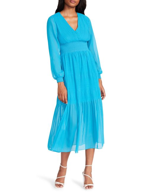 Steve Madden Nylah Smocked Long Sleeve Chiffon Midi Dress in Blue | Lyst