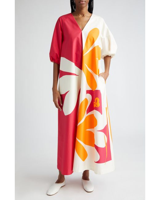 Marimekko Red Karkelo Kolmikko Floral Colorblock Stretch Cotton Shift Dress