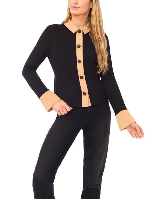 Cece Black Crystal Button Knit Button-Up Shirt