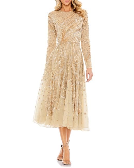 Mac Duggal Natural Sequin Long Sleeve Illusion Lace A-line Dress