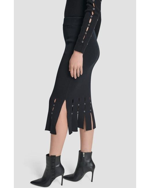 DKNY Black Grommet Trim Fringe Hem Sweater Midi Skirt