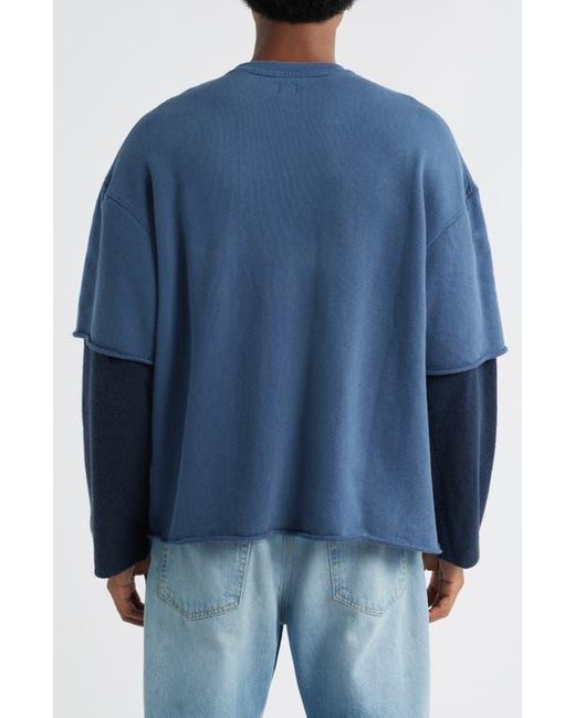 BDG Blue Oversize Layered Sleeve Cotton Crewneck Sweatshirt for men