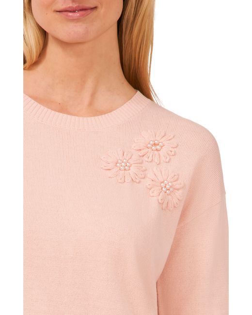 Cece Blue Imitation Pearl Floral Embroidered Sweater