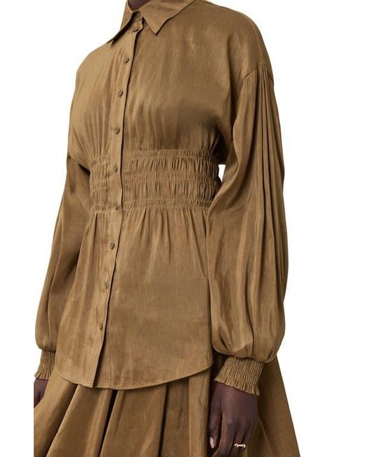 AllSaints Brown Staci Smock Waist Linen & Silk Button-Up Shirt