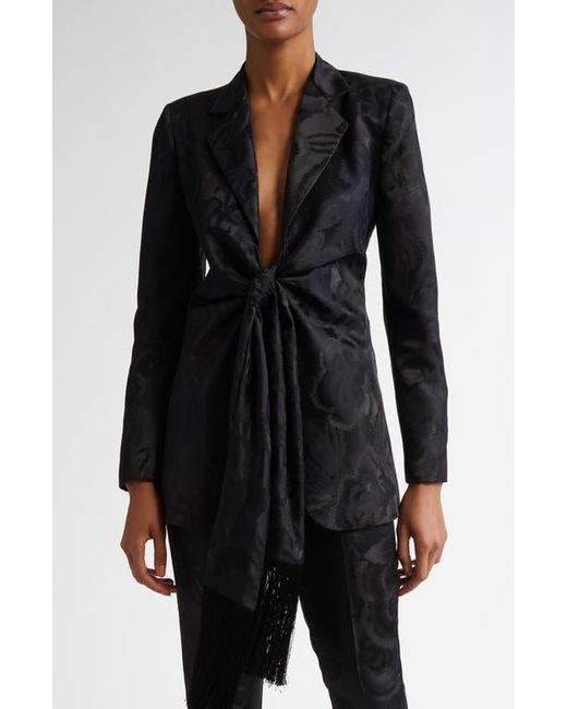 Etro Floral Jacquard Satin Blazer With Draped Fringe Ties in