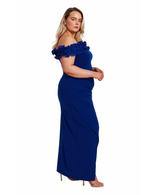 Quiz Blue Plus Size Bardot Ruffle Maxi Dress