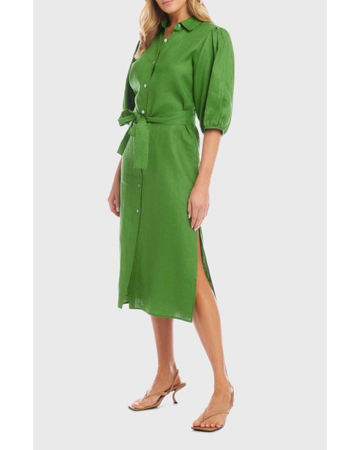 Karen Kane Green Puff Sleeve Linen Midi Shirtdress
