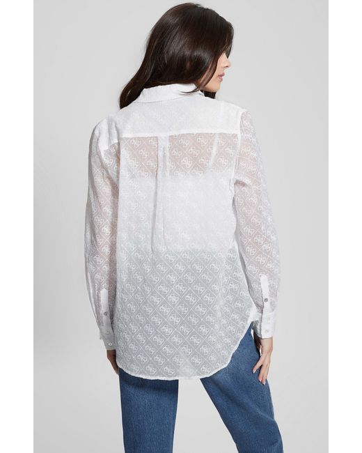 Guess Blue Logo Embroidery Sheer Button-up Shirt