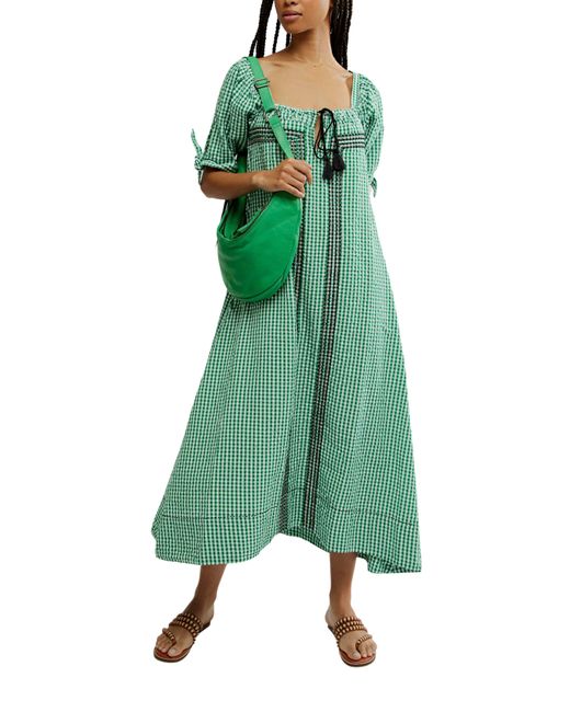 Free People Green Cass Gingham Cotton Seersucker Maxi Dress