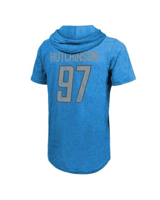 Men's Majestic Threads Aidan Hutchinson Blue Detroit Lions Player Name & Number Tri-Blend Slim Fit Hoodie T-Shirt Size: Small