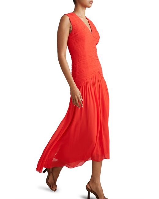 Reiss Red Saffy Ruched Mesh Midi Dress