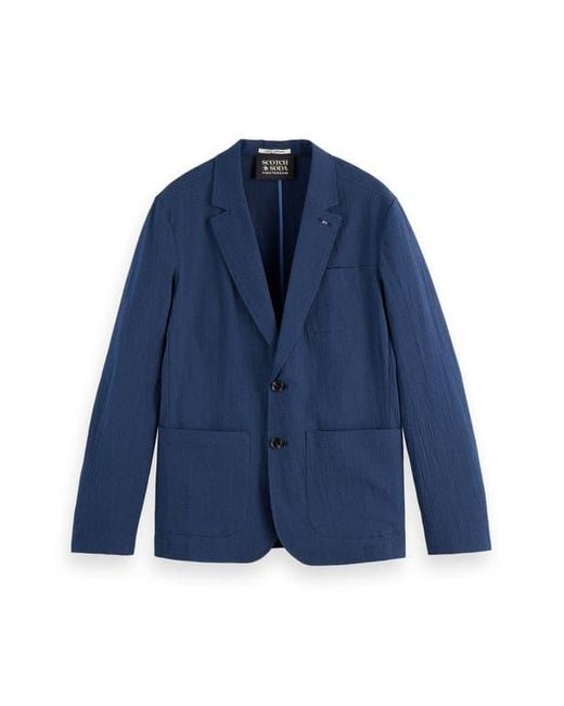 Scotch & Soda Blue Regular Fit Unconstructed Cotton Stretch Seersucker Suit Jacket for men