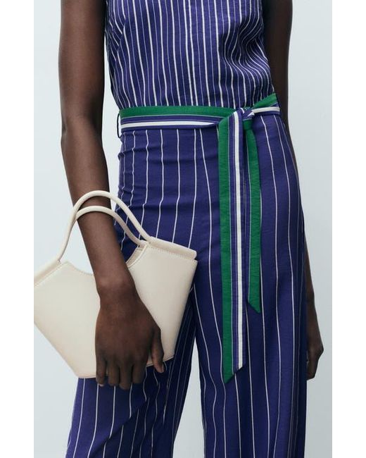 Mango Blue Stripe Tie Waist Jumpsuit