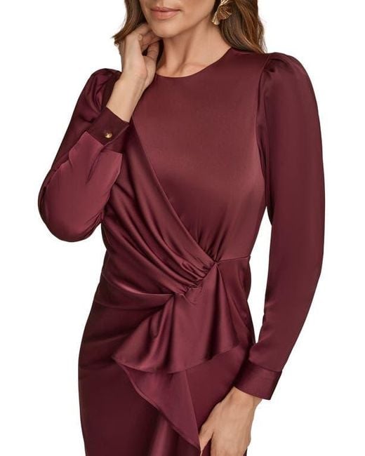 Donna Karan Red Long Sleeve Satin Faux Wrap Dress