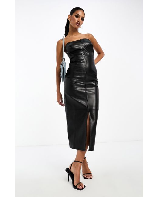ASOS Black Strapless Faux Leather Midi Dress
