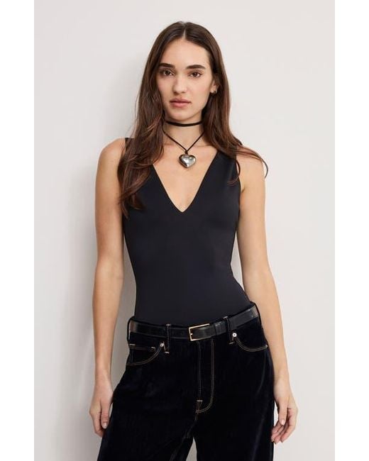 GOOD AMERICAN Blue Sculpting Deep V-Neck Bodysuit