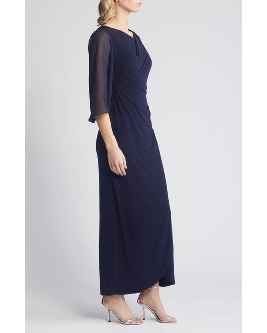 Connected Apparel Blue Chiffon Cape Sleeve Side Ruched Gown