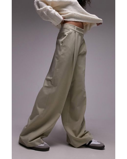 TOPSHOP Brown Pleated High Waist Wide Leg Trousers