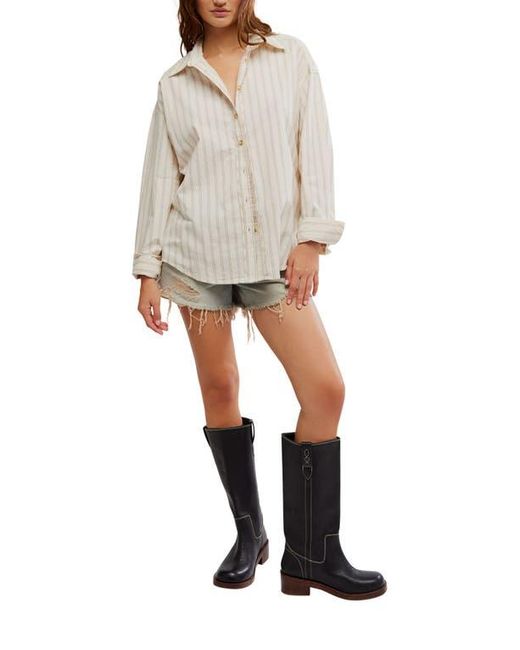 Free People Gray Varsity Vibes Stripe Oversize Cotton Button-Up Shirt