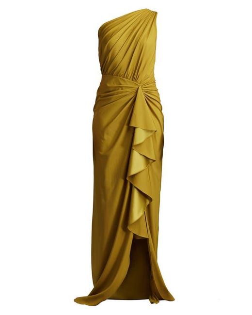 Tadashi Shoji Metallic One-Shoulder Side Ruffle Gown